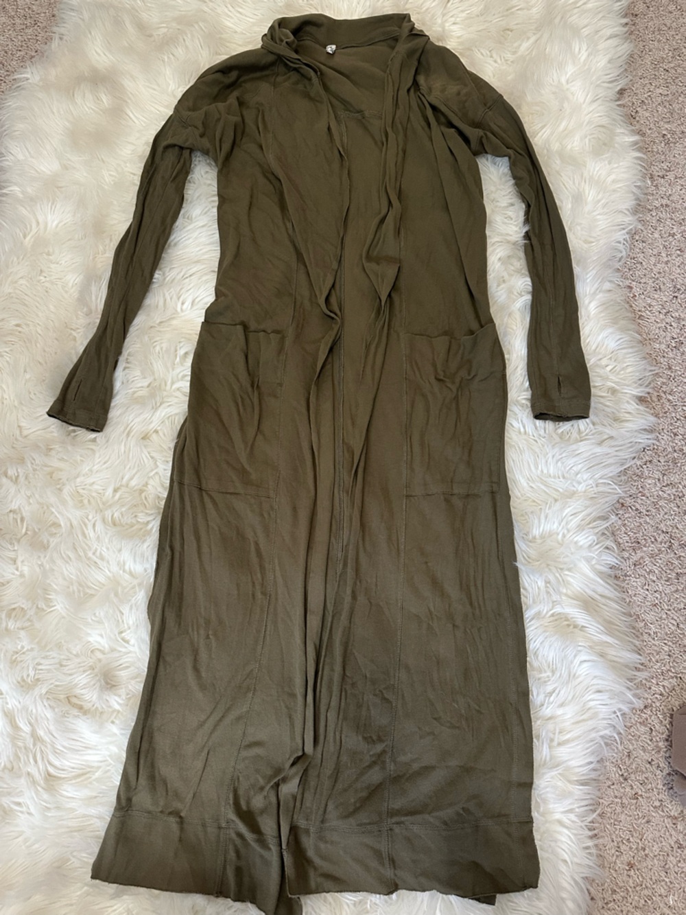Free People Olive Green Long Open-Front Cardigan